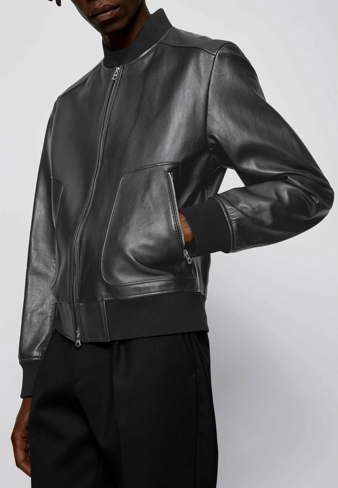 Men's Black Leather Bomber Jacket - Classic Style