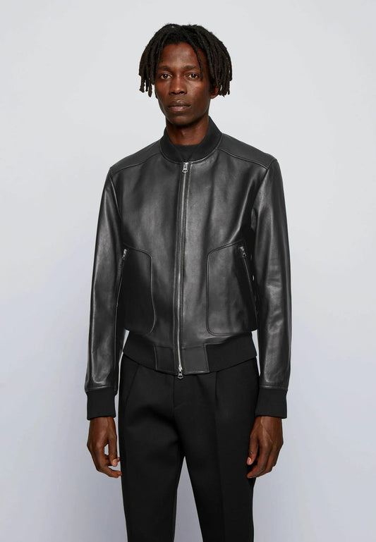 Men's Black Leather Bomber Jacket - Classic Style