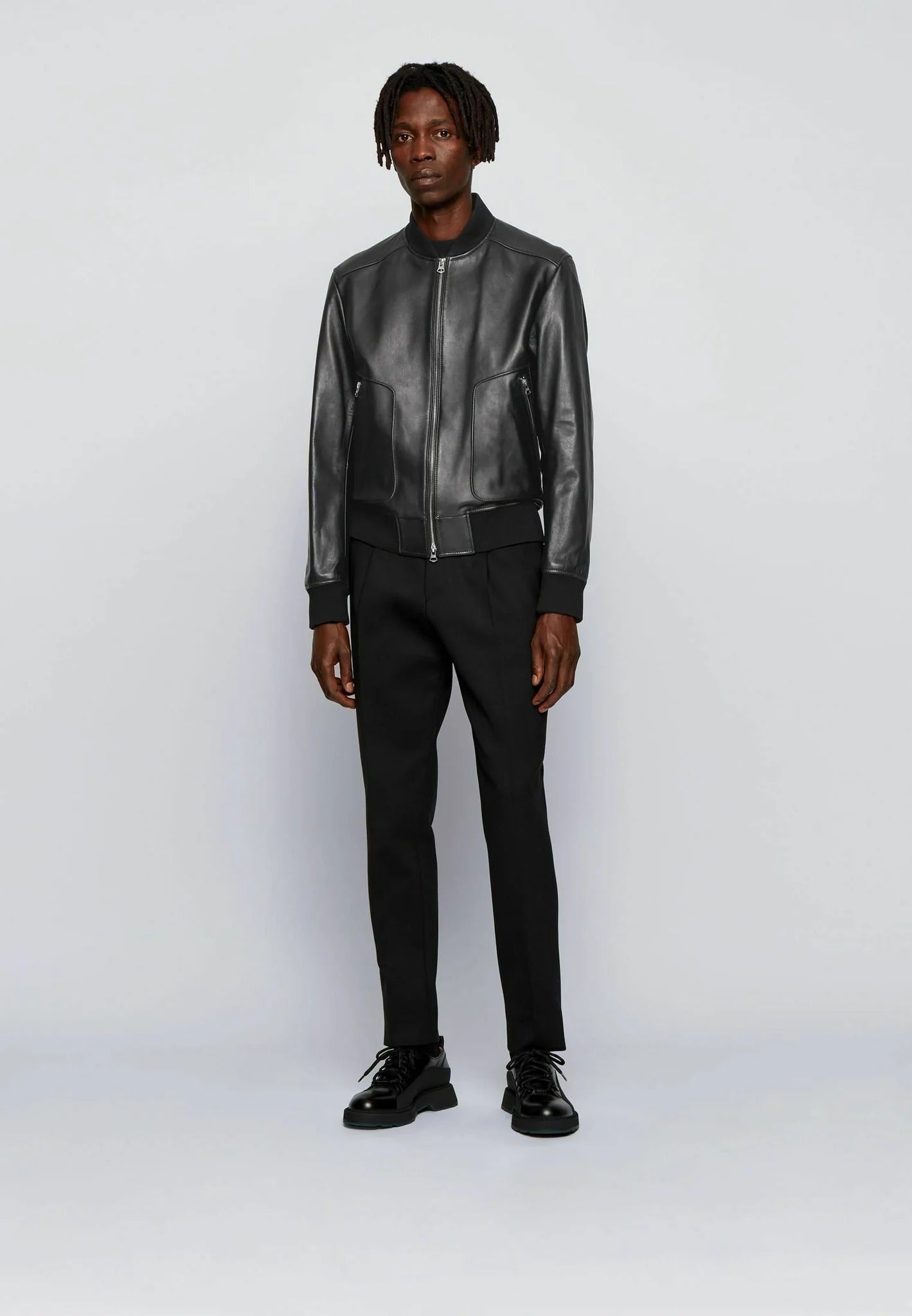 Men's Black Leather Bomber Jacket - Classic Style