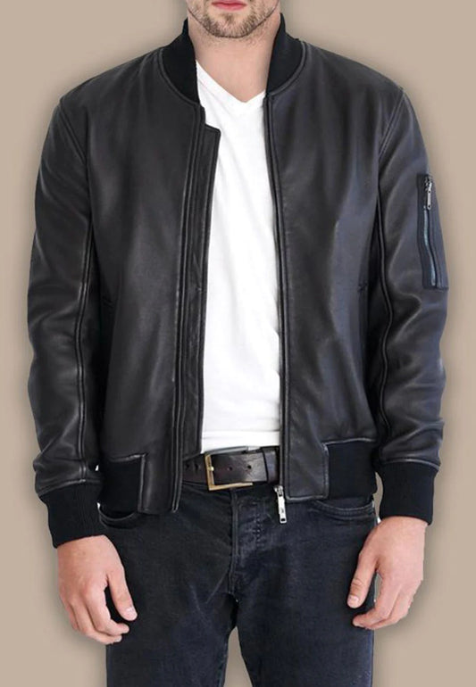 Men's Black Leather Bomber Jacket - Classic Style