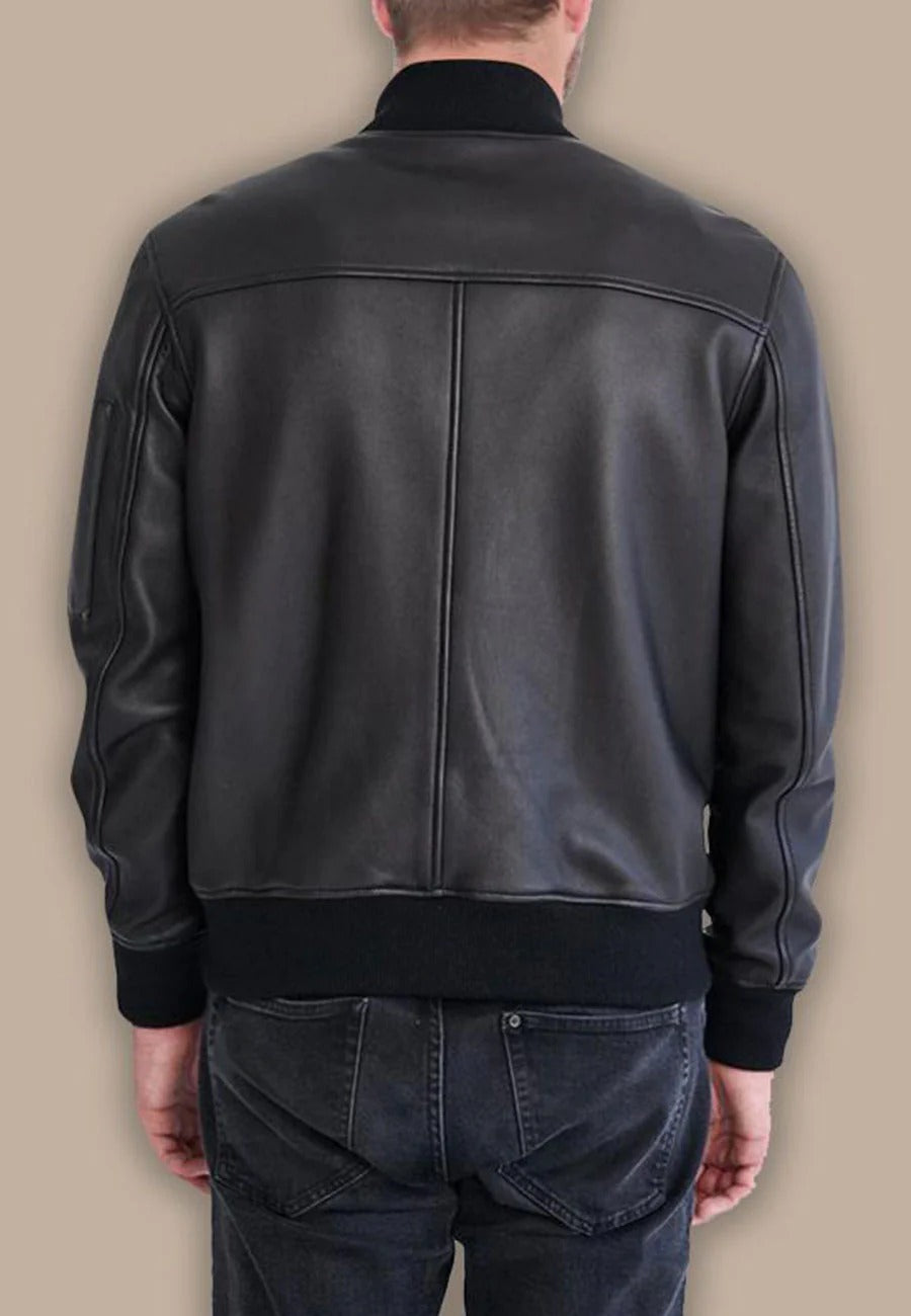 Men's Black Leather Bomber Jacket - Classic Style