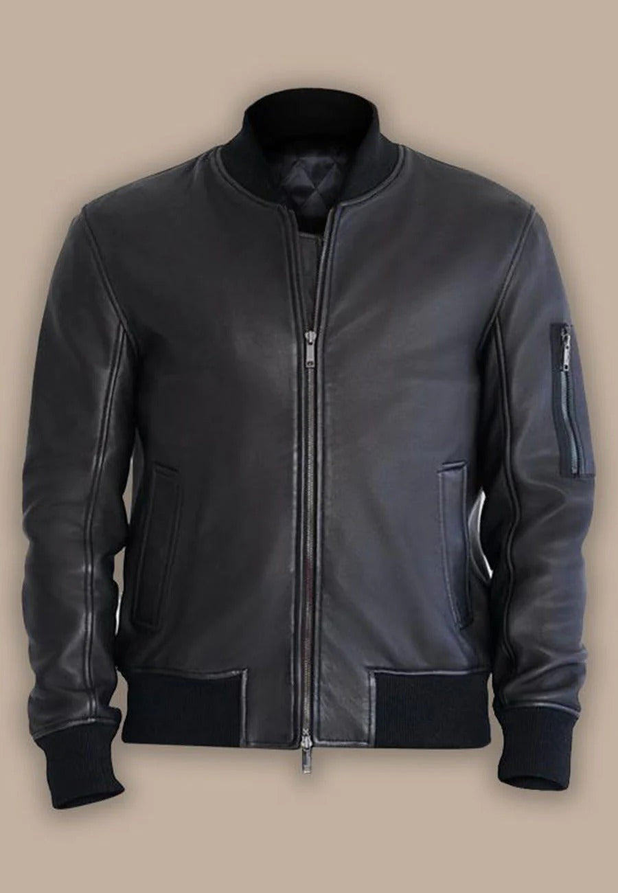 Men's Black Leather Bomber Jacket - Classic Style