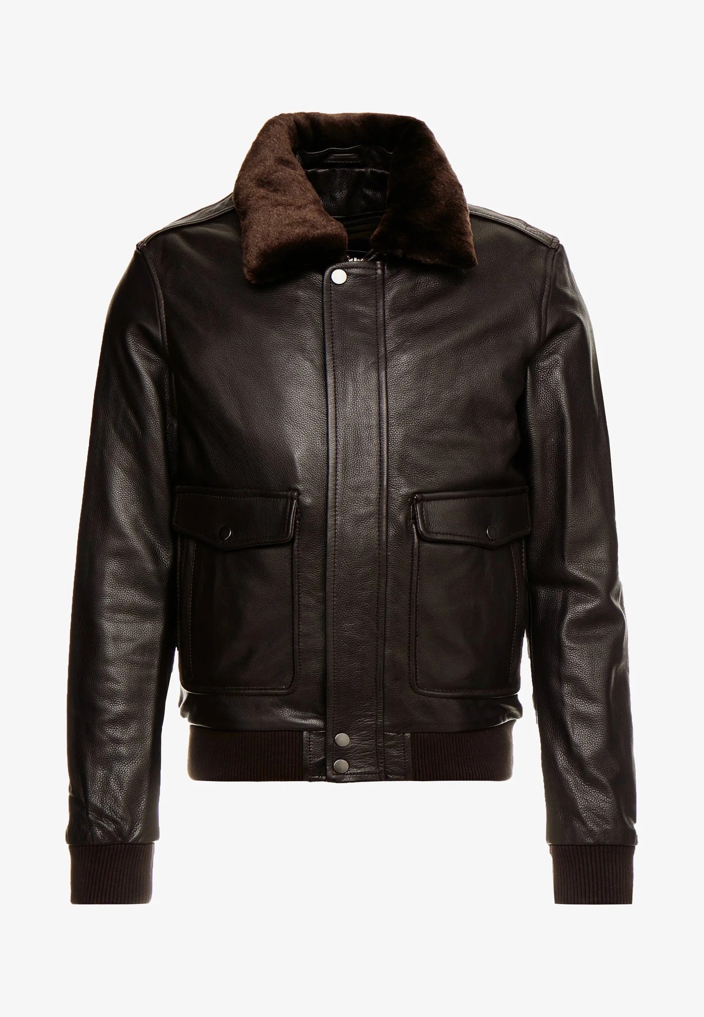 Men's Dark Brown Leather Bomber Jacket with Fur Collar - Rugged Elegance