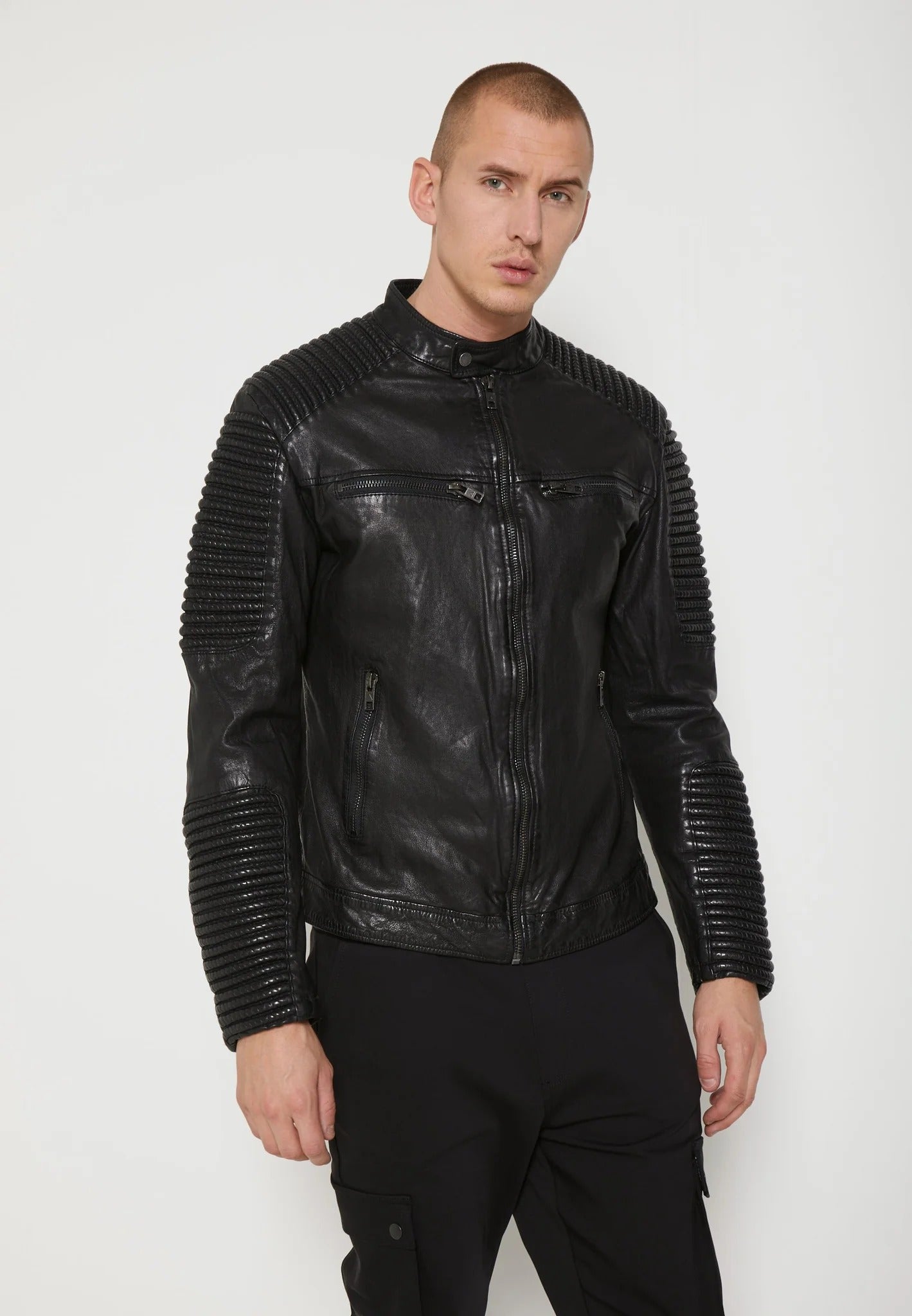 Men's Black Leather Distressed Biker Jacket - Rugged Style