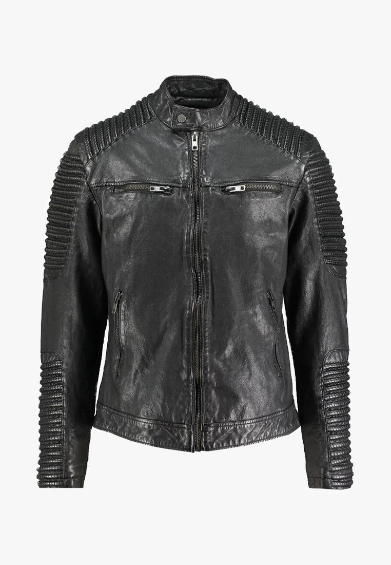 Men's Black Leather Distressed Biker Jacket - Rugged Style