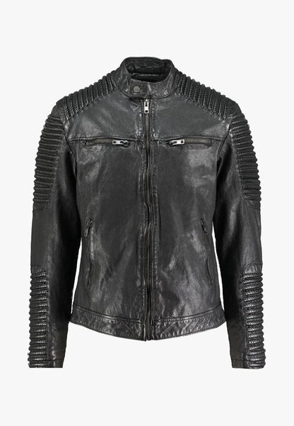 Men's Black Leather Distressed Biker Jacket - Rugged Style