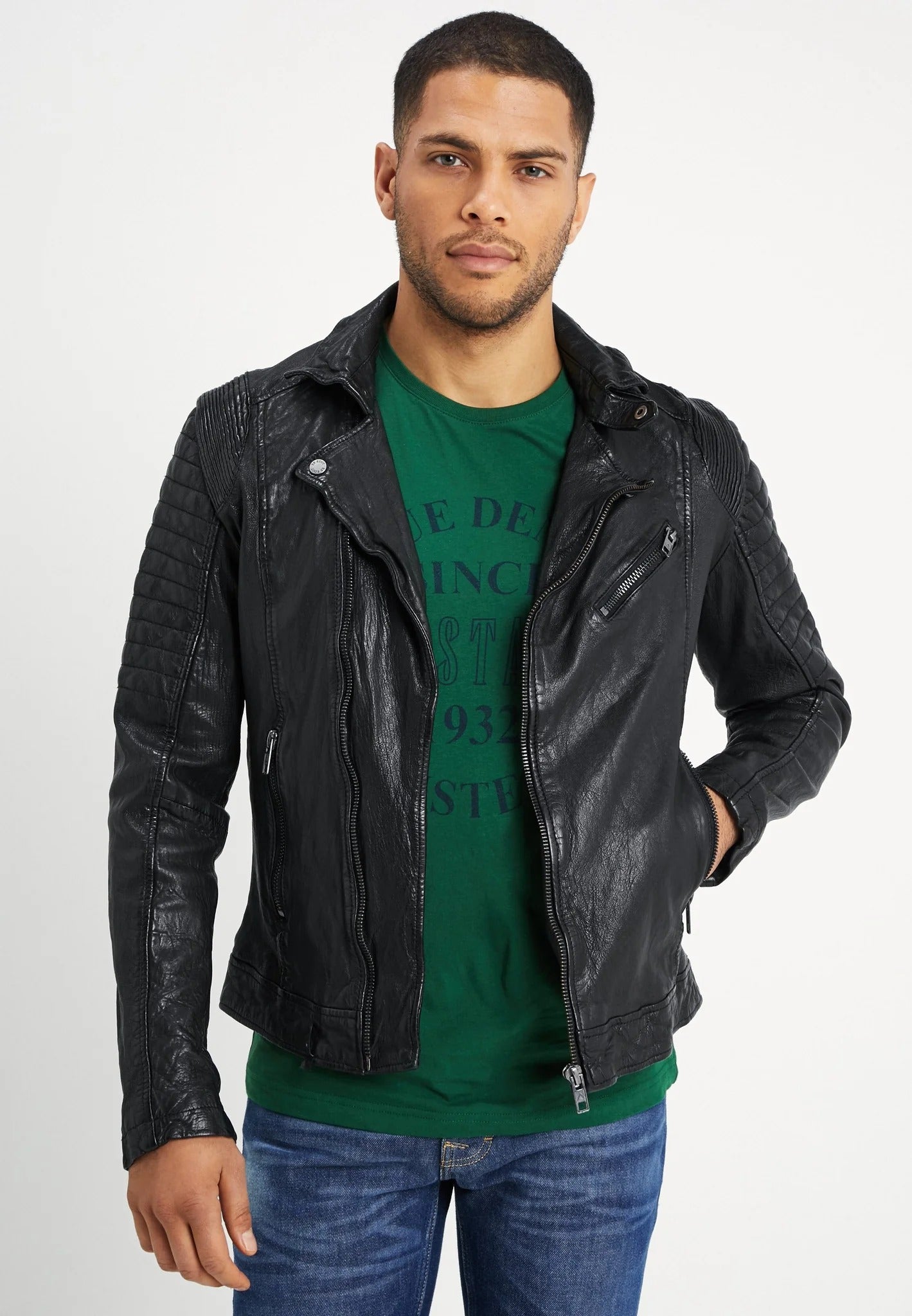 Men's Black Leather Moto Distressed Biker Jacket - Rugged Elegance