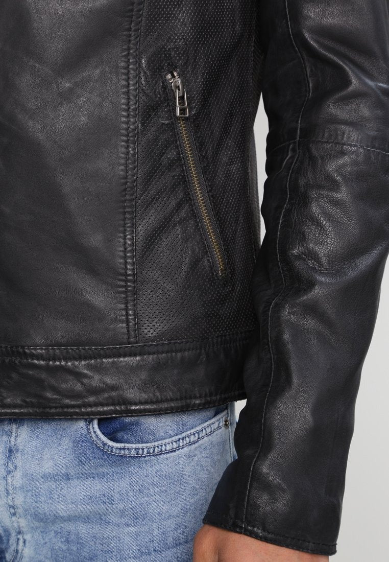 Men's Black Leather Perforated Biker Jacket - Breathable Style