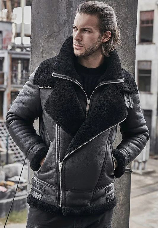 Men's Black Leather Shearling Double Collar Jacket - Refined Warmth