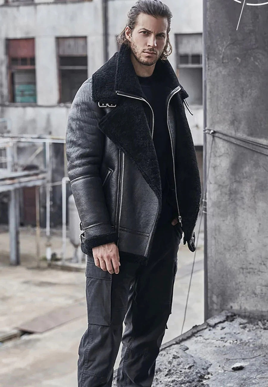 Men's Black Leather Shearling Double Collar Jacket - Refined Warmth