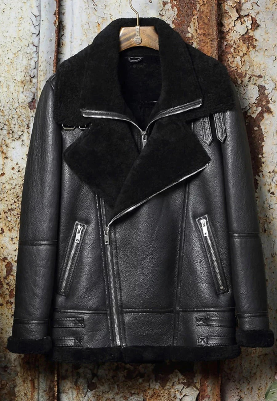 Men's Black Leather Shearling Double Collar Jacket - Refined Warmth