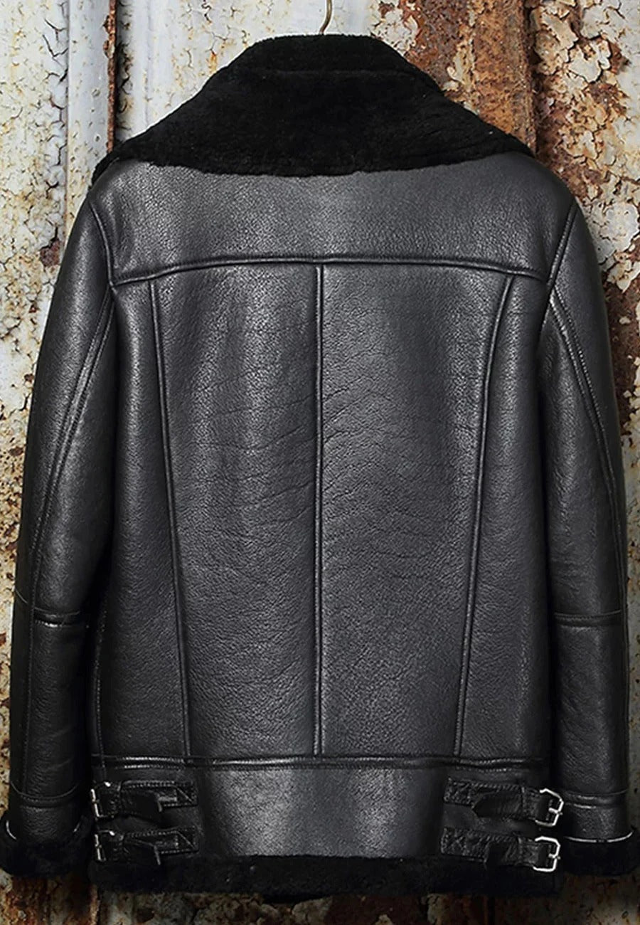 Men's Black Leather Shearling Double Collar Jacket - Refined Warmth