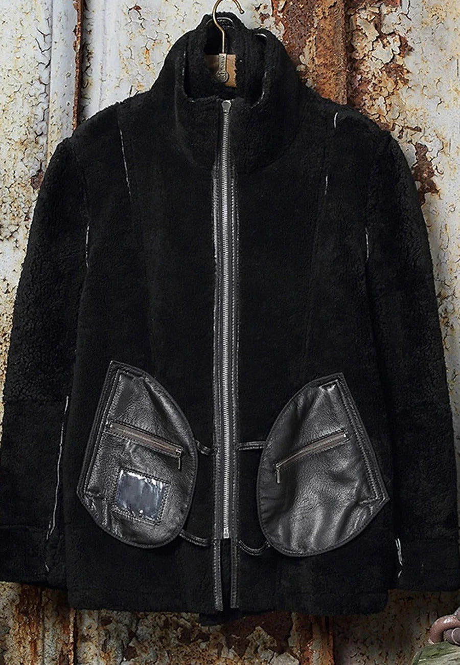 Men's Black Leather Shearling Double Collar Jacket - Refined Warmth