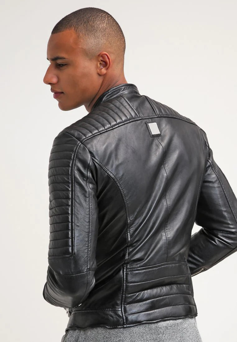 Men's Black Quilted Leather Biker Jacket - Sleek & Stylish