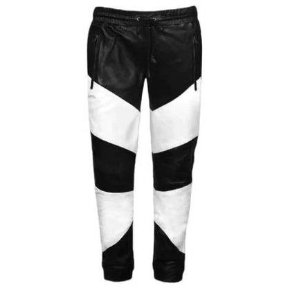 Men's Black and White Sheepskin Leather Pant with Moto Rib Ankle