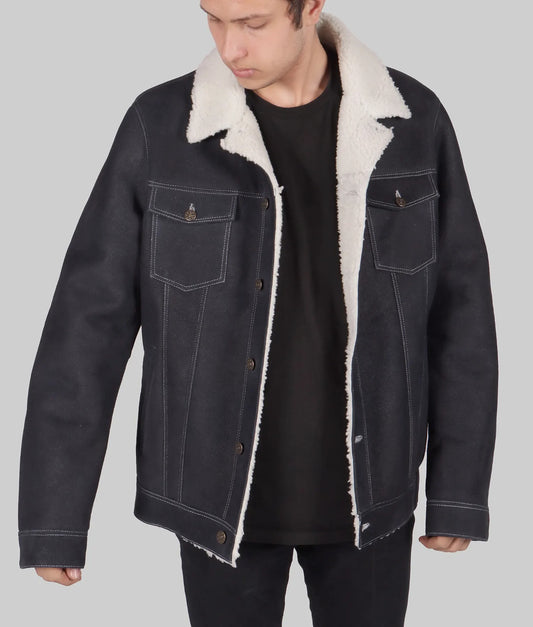 Men’s Blue Shearling Lined Leather Trucker Jacket