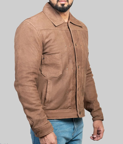 Men’s Brown Distressed Suede Leather Trucker Jacket