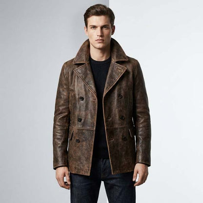 Men's Brown Genuine Leather Peacoat with Double Breasted Design
