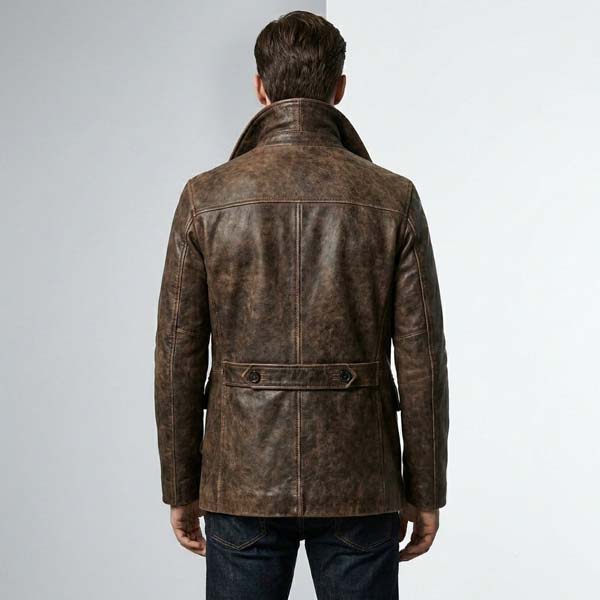 Men's Brown Genuine Leather Peacoat with Double Breasted Design