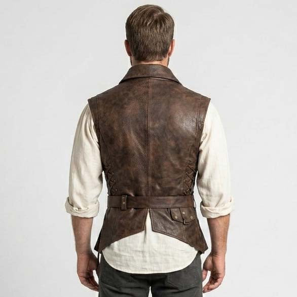 Men's Brown Genuine Leather Pirate Vest with Captain Jack Sparrow Style