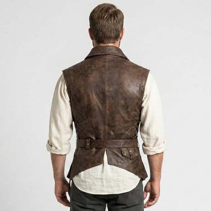 Men's Brown Genuine Leather Pirate Vest with Captain Jack Sparrow Style