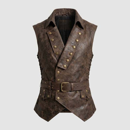Men's Brown Genuine Leather Pirate Vest with Captain Jack Sparrow Style