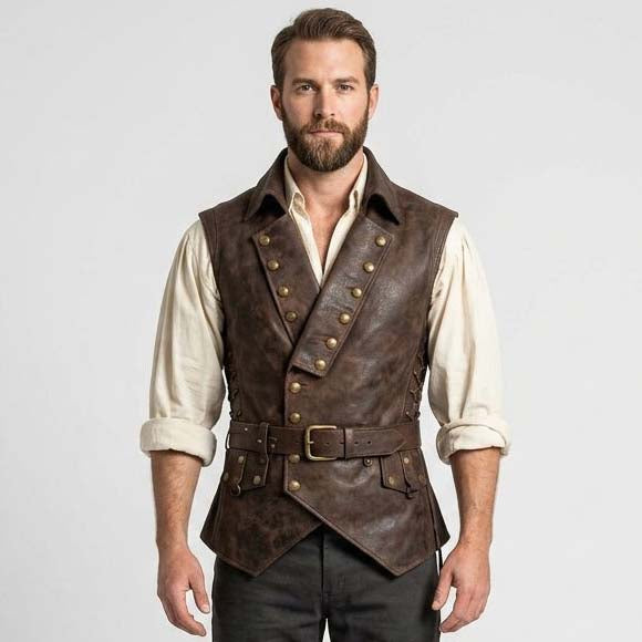 Men's Brown Genuine Leather Pirate Vest with Captain Jack Sparrow Style