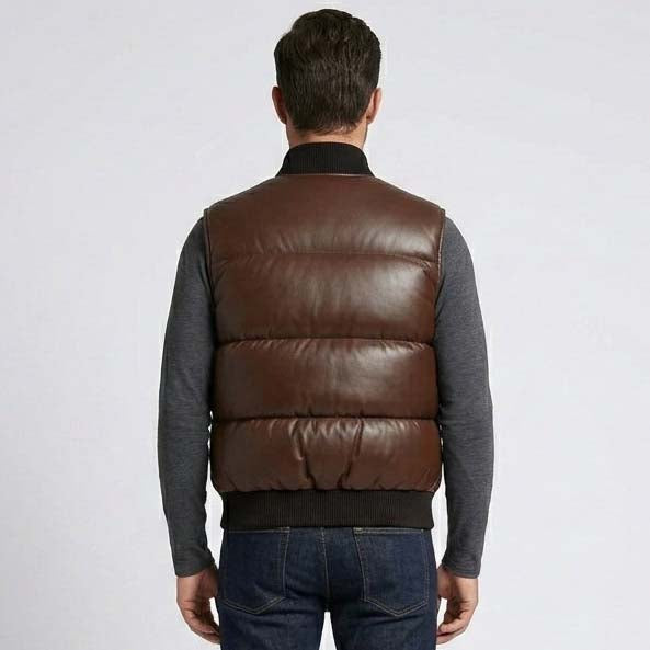 Men's Brown Genuine Leather Puffer Vest with Lightweight Insulation