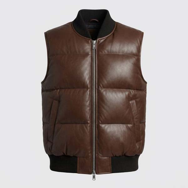 Men's Brown Genuine Leather Puffer Vest with Lightweight Insulation