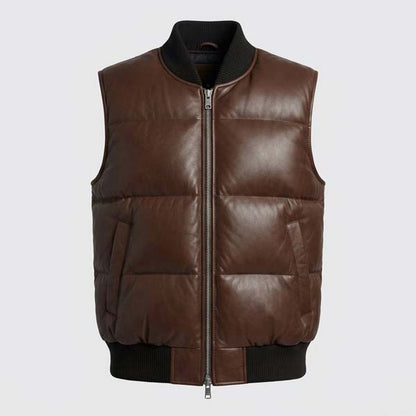 Men's Brown Genuine Leather Puffer Vest with Lightweight Insulation