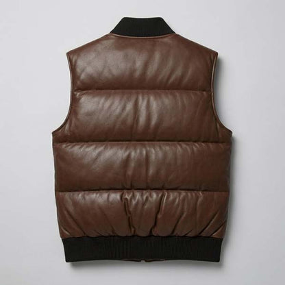 Men's Brown Genuine Leather Puffer Vest with Lightweight Insulation