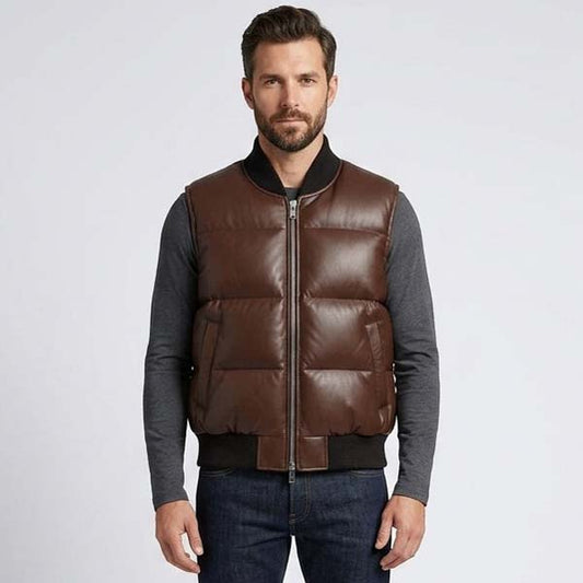 Men's Brown Genuine Leather Puffer Vest with Lightweight Insulation
