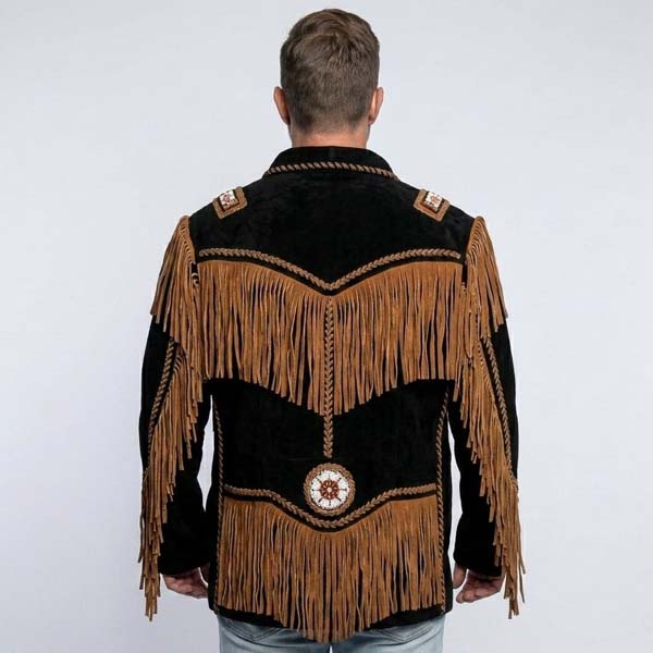 Men's Brown Genuine Leather Western Fringe Jacket with Beaded Detail