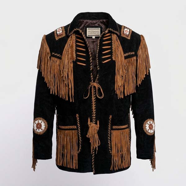 Men's Brown Genuine Leather Western Fringe Jacket with Beaded Detail