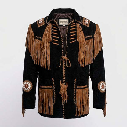 Men's Brown Genuine Leather Western Fringe Jacket with Beaded Detail