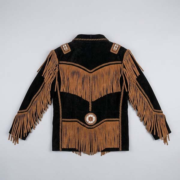 Men's Brown Genuine Leather Western Fringe Jacket with Beaded Detail