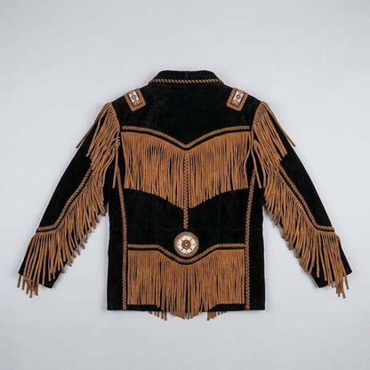Men's Brown Genuine Leather Western Fringe Jacket with Beaded Detail