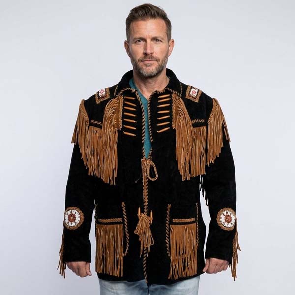 Men's Brown Genuine Leather Western Fringe Jacket with Beaded Detail