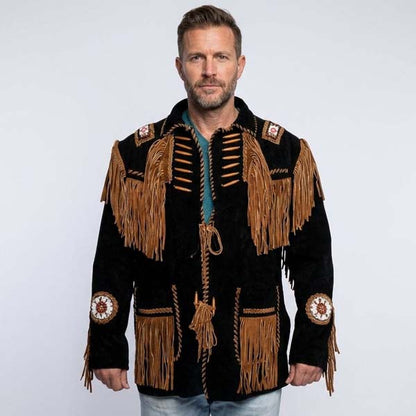 Men's Brown Genuine Leather Western Fringe Jacket with Beaded Detail