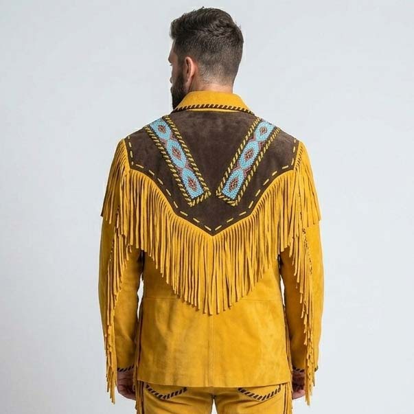 Men's Brown Genuine Leather Western Jacket with Native American Style