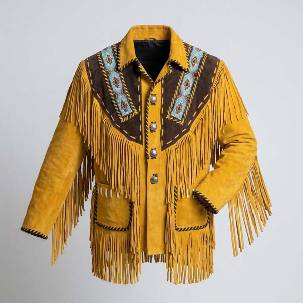 Men's Brown Genuine Leather Western Jacket with Native American Style