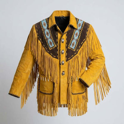 Men's Brown Genuine Leather Western Jacket with Native American Style