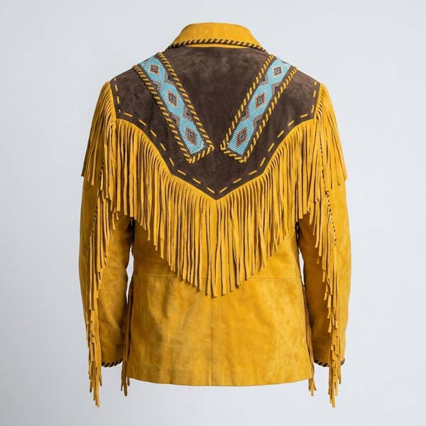 Men's Brown Genuine Leather Western Jacket with Native American Style