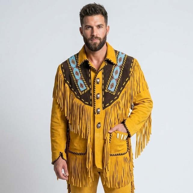 Men's Brown Genuine Leather Western Jacket with Native American Style