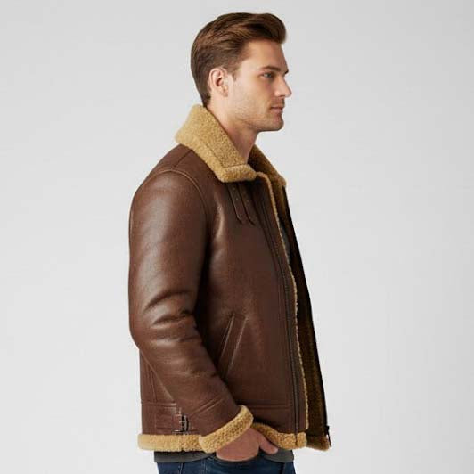 Men's Brown Shearling Leather Bomber Jacket with Arctic Pilot Style