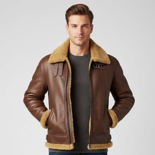 Men's Brown Shearling Leather Bomber Jacket with Arctic Pilot Style