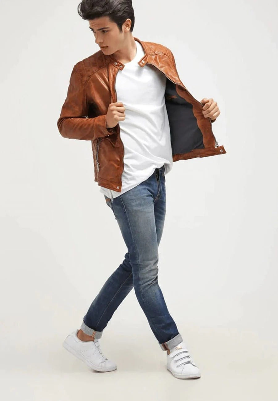 Men's Camel Brown Leather Biker Jacket - Rugged Elegance