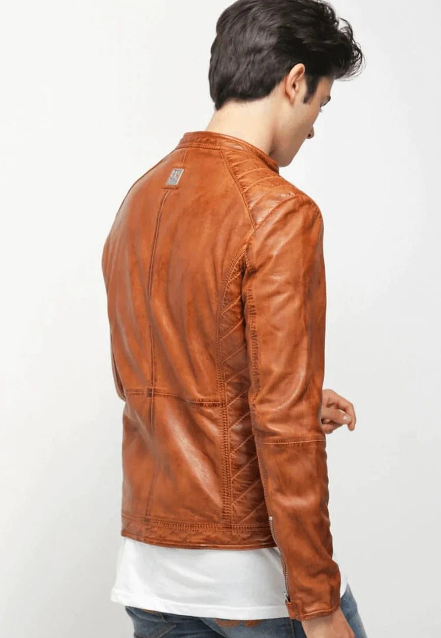 Men's Camel Brown Leather Biker Jacket - Rugged Elegance