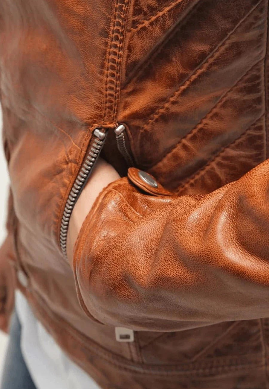 Men's Camel Brown Leather Biker Jacket - Rugged Elegance