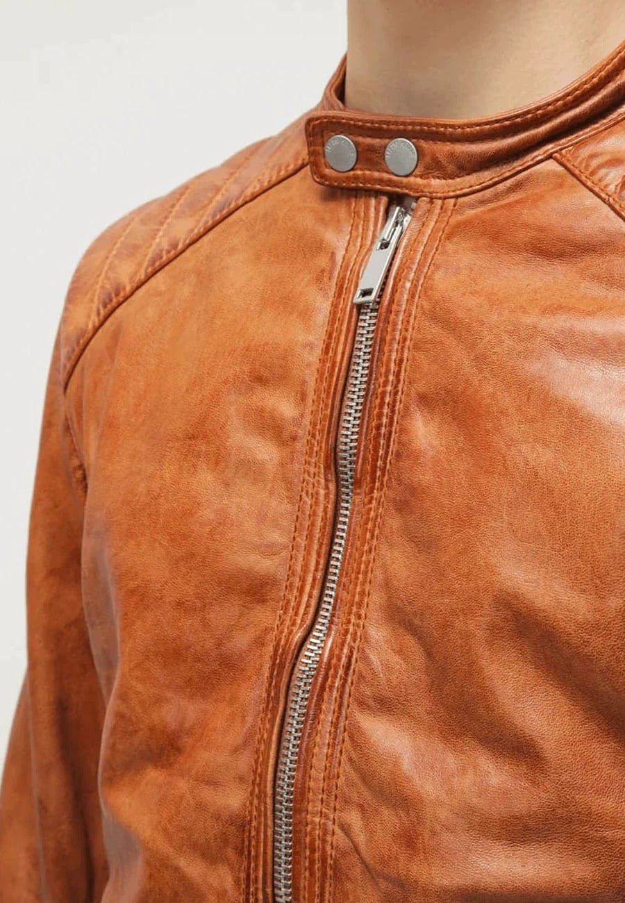 Men's Camel Brown Leather Biker Jacket - Rugged Elegance